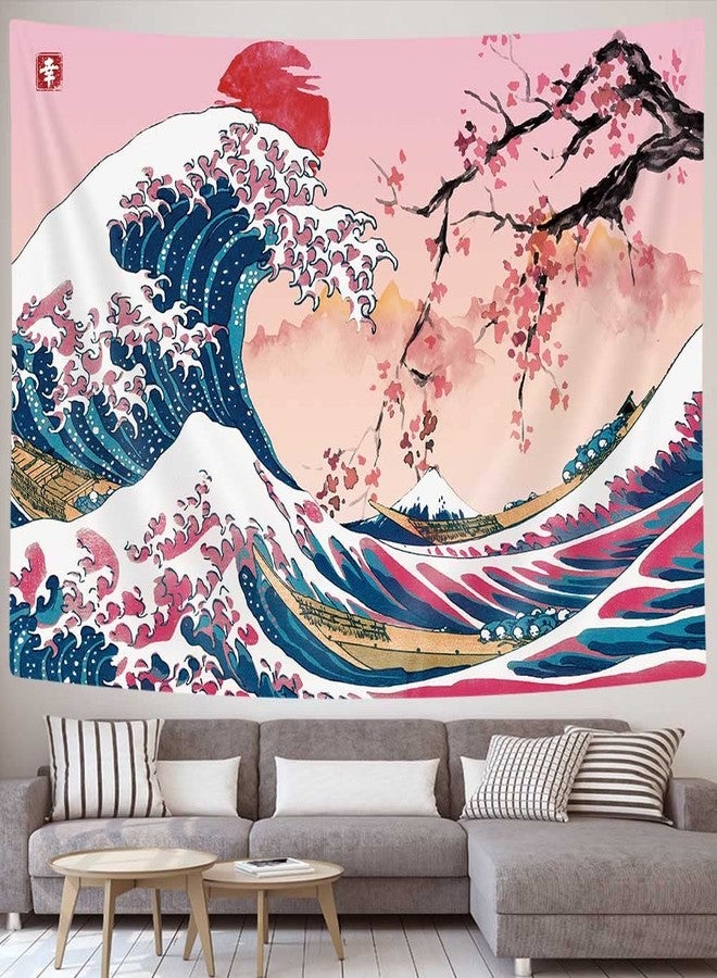 MERCHR Pink & Red Sun Cherry Blossom Wall Tapestry, Ocean Wave & Mountain Scene - Asian Anime Design for Bedroom, 60 x 40 Inches - Image 5